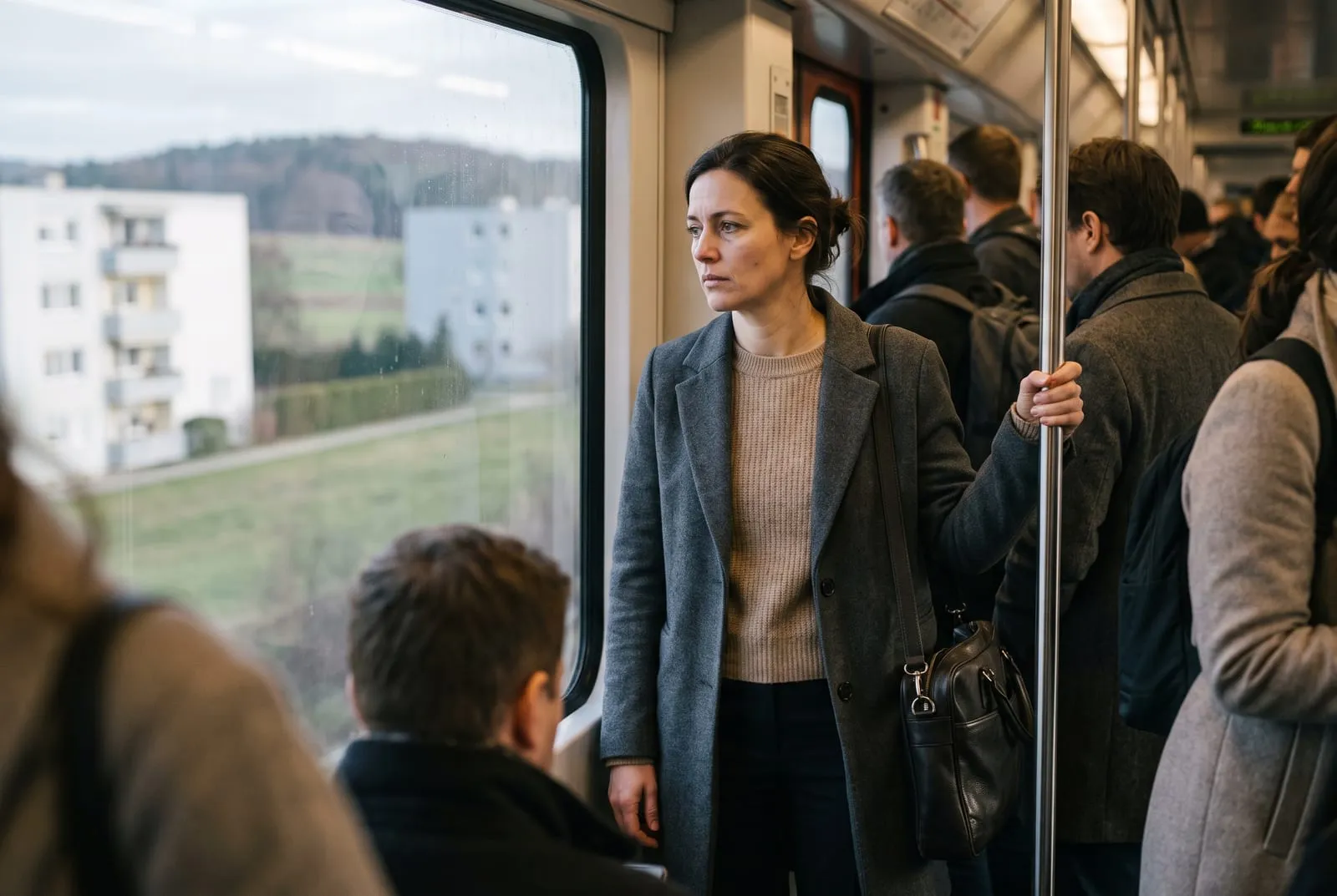 A woman standing in a crowded commuter train in the morning, looking wearily ahead