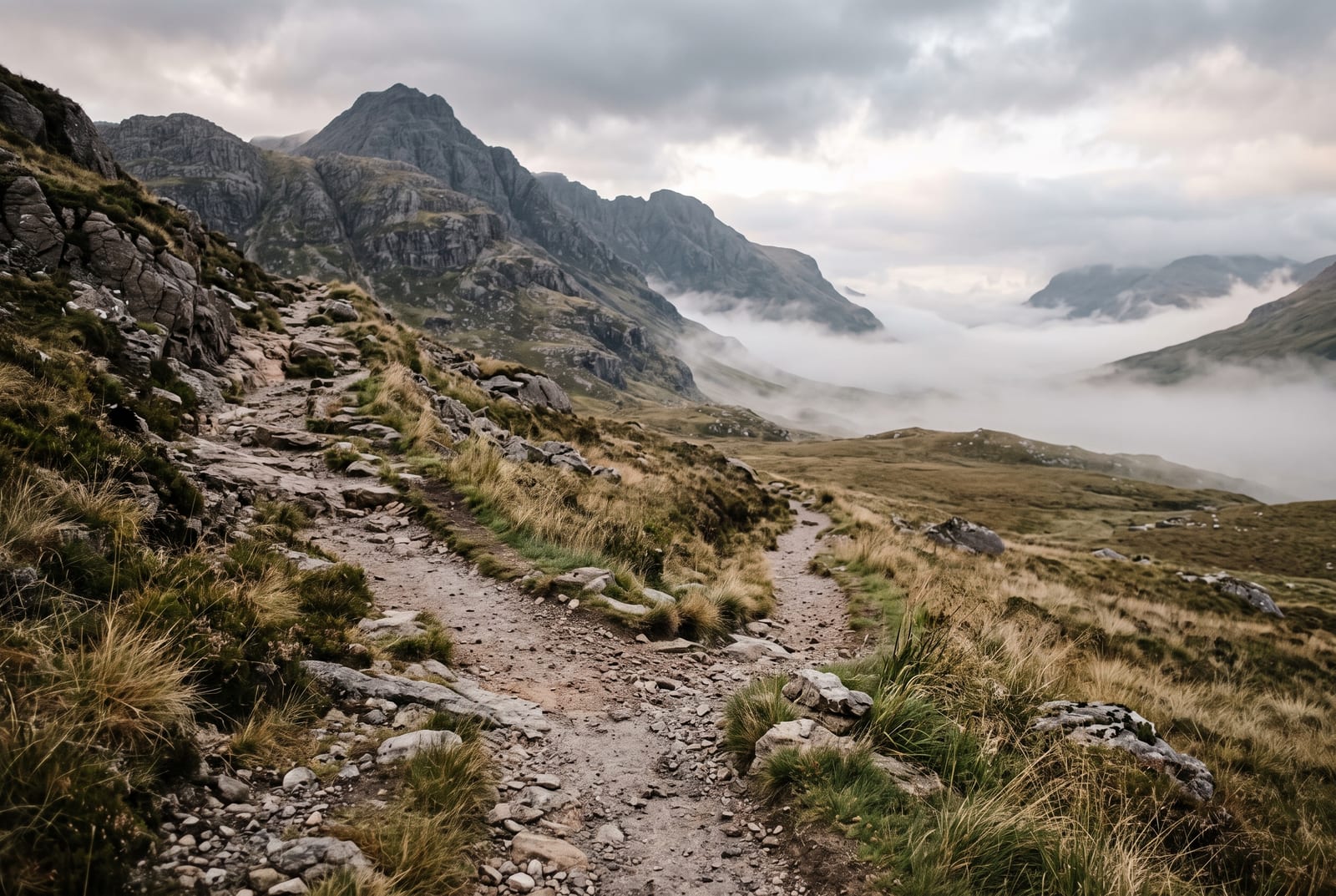 A mountain footpath forking into two paths above a misty valley