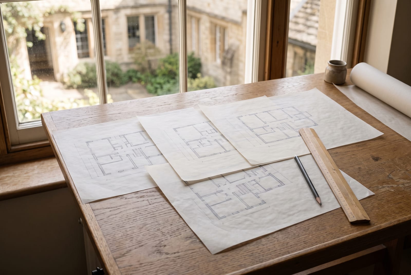 Floor-plan sketches on tracing paper on a drafting table by a window