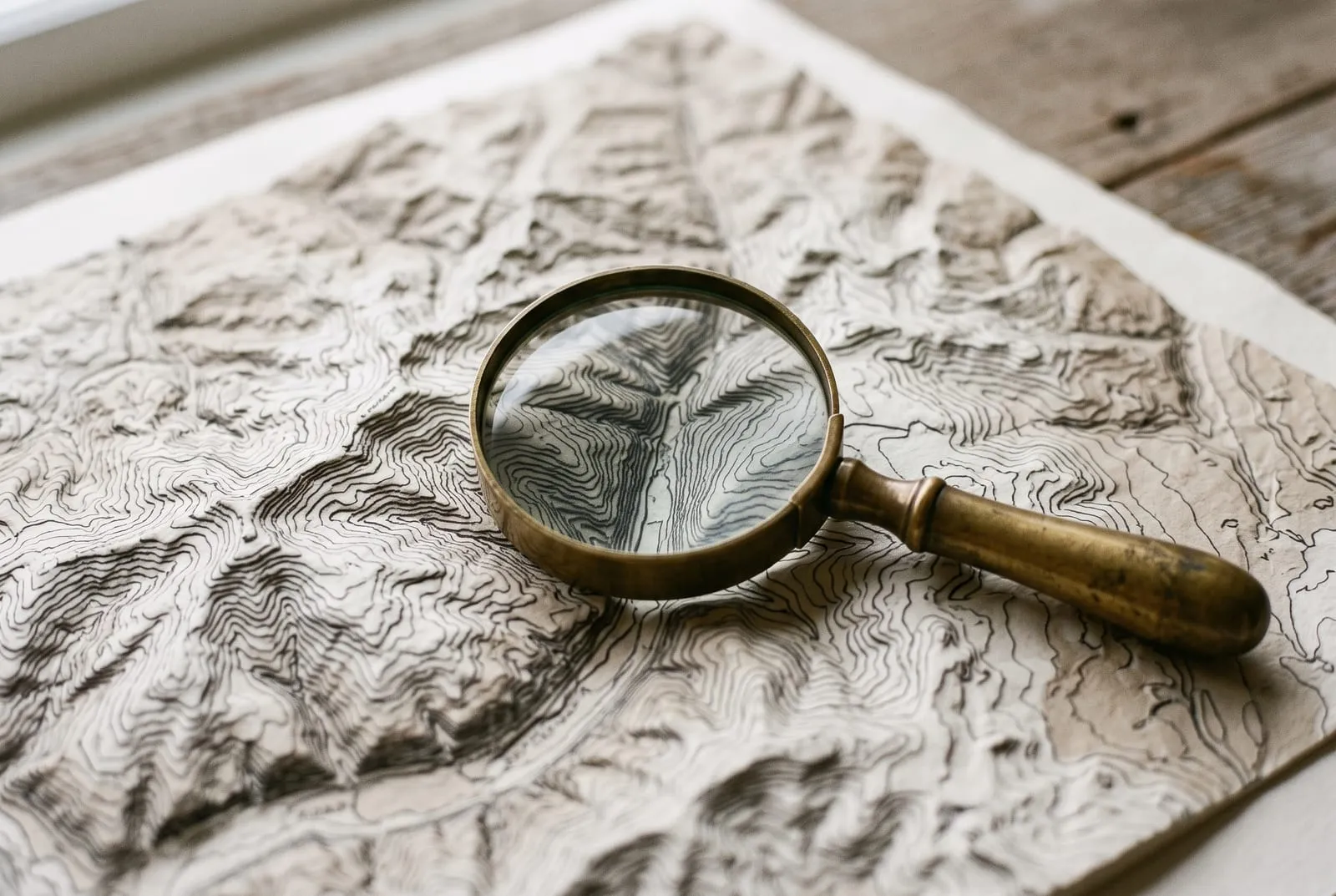 A brass magnifying glass on a relief map with contour lines