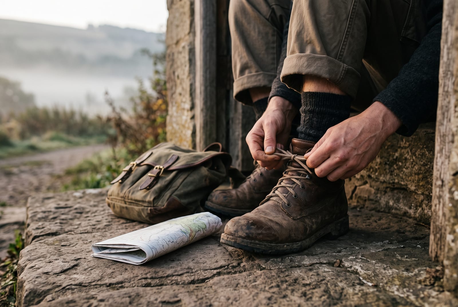 Hands lacing hiking boots on a stone doorstep at dawn