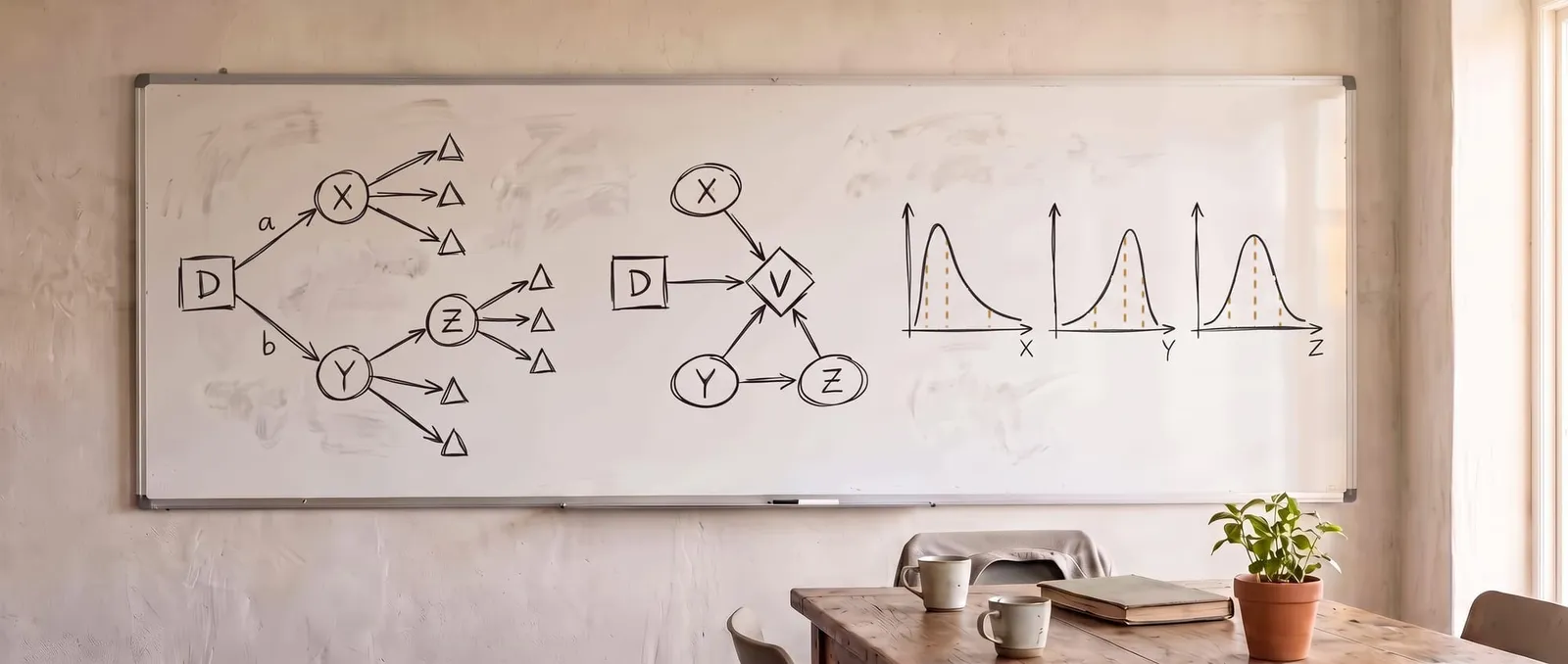 A whiteboard after a working session, with a decision tree, an influence diagram and three sketched probability distributions
