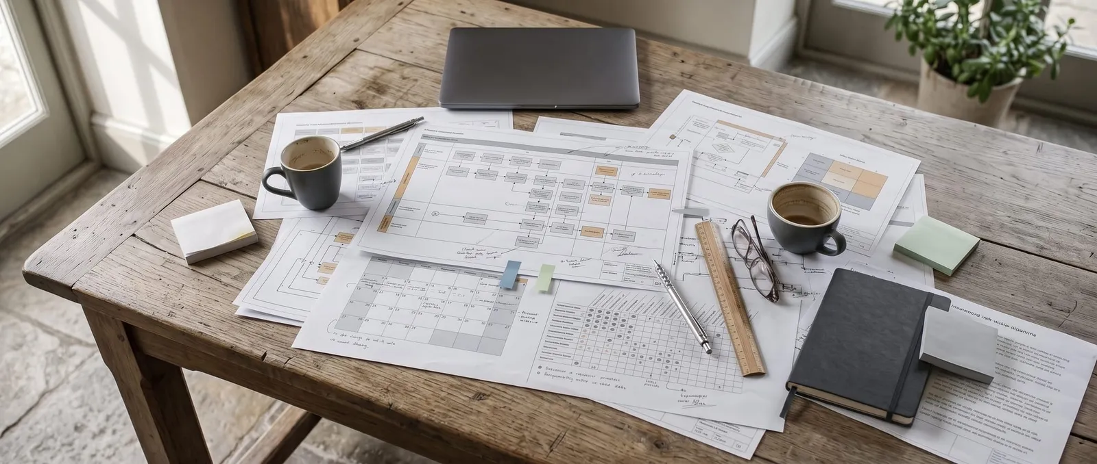 Printed plans of a management system lie annotated on a wooden table after a working session, with coffee cups, a ruler and reading glasses